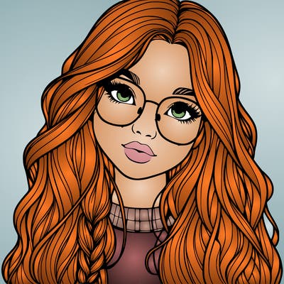girl with long hair and freckles and glasses realistic