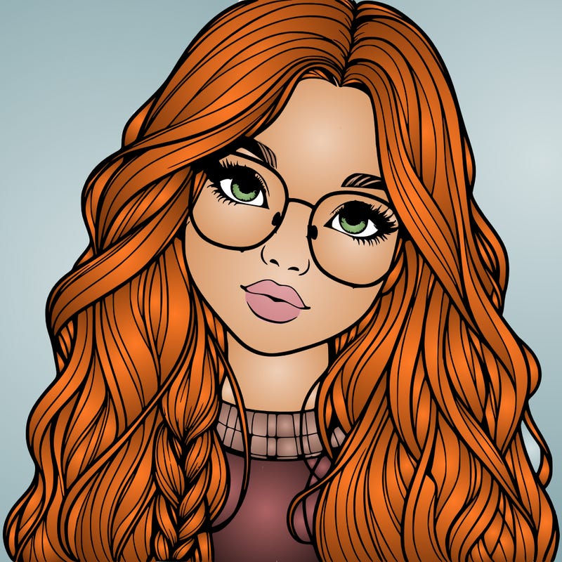 girl with long hair and freckles and glasses realistic