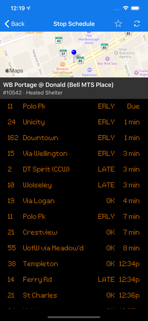 Screenshot of Winnipeg Bus Live app showing real-time bus arrivals and a map for the Portage at Donald stop