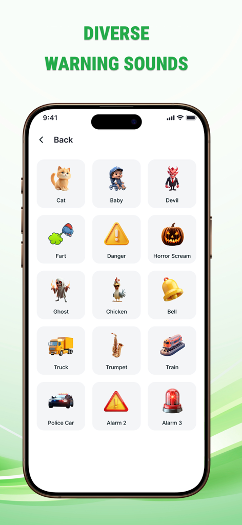 Find Phone By Clap, Whistle - A smartphone screen displaying a list of diverse warning sound options for a phone finder app including alarms and animal noises