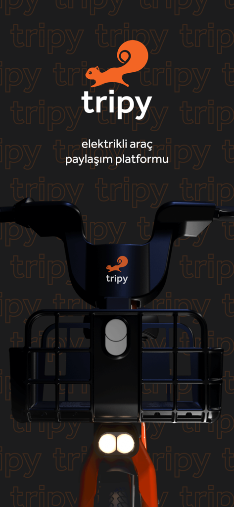 Pantalla de inicio de la aplicación de alquiler de bicicletas eléctricas Tripy con el logo de la ardilla naranja y vista frontal de una bicicleta eléctrica
