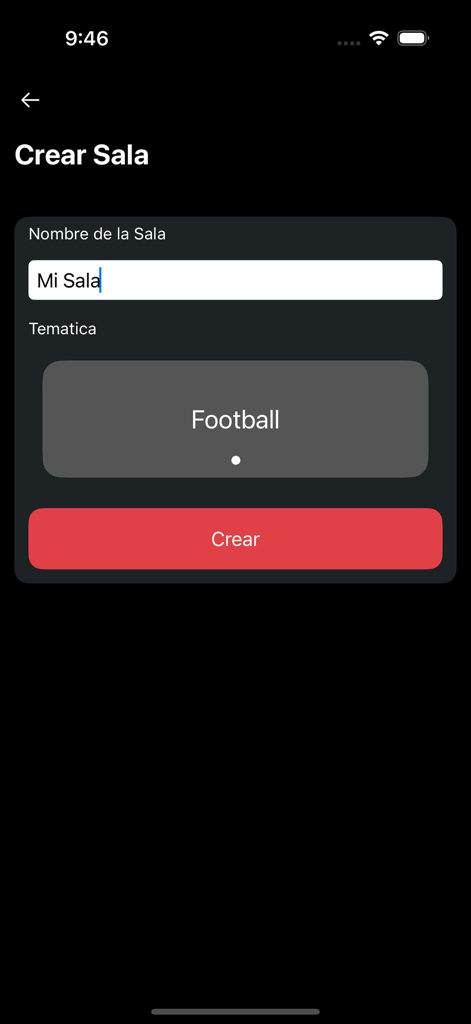 Impostor: Juega com amigos - Screen showing how to create a game room in the Impostor app with the football category selected.