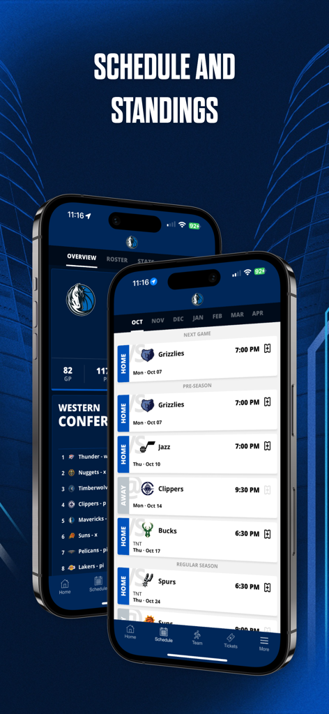 Interfaccia dell'app ufficiale dei Dallas Mavericks che mostra il programma delle partite NBA e la classifica della Western Conference.