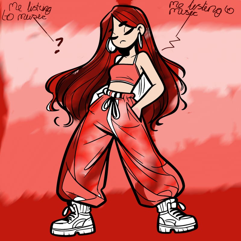 girl in baggy pants crop top and long hair