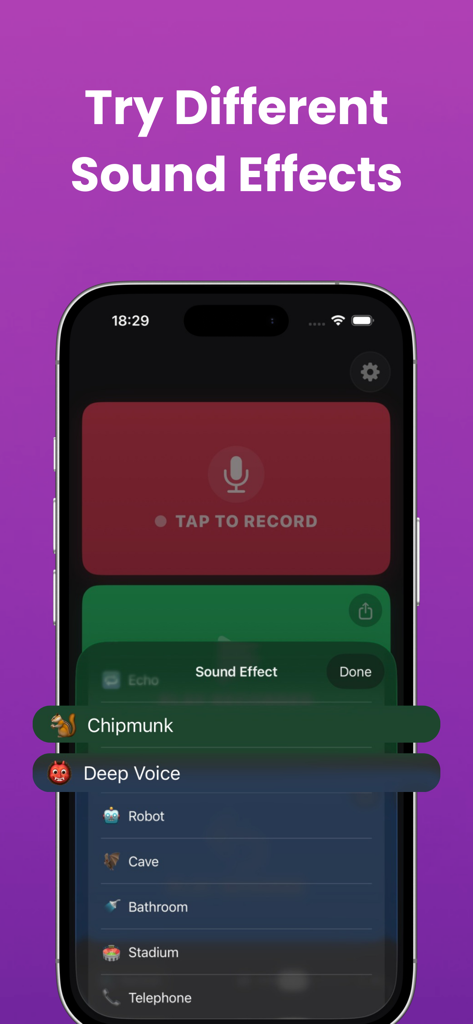 Reverse Audio & Reverse Play - Mobile app interface showing a list of voice effects like Chipmunk and Deep Voice for audio recordings.