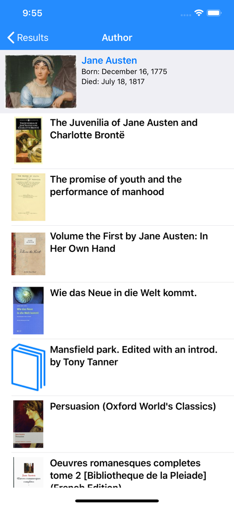 OpenLibrary Browser - Risultati della ricerca per l'autrice Jane Austen che mostrano un elenco di titoli nell'app Browser OpenLibrary.