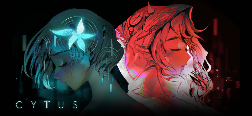 Artistic illustration of two characters from Cytus II in contrasting blue and red colors