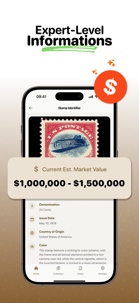 Stamp Identifier - Scan Value - Écran d'une application mobile montrant l'estimation de la valeur marchande et les détails historiques d'un rare timbre postal américain.