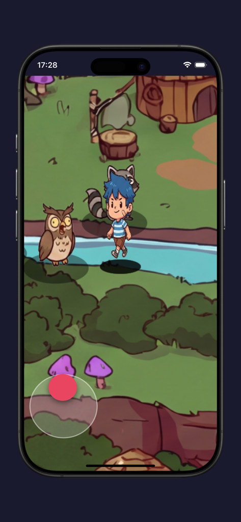 A child character exploring a hand painted forest with an owl and raccoon in the My Voice Zoo app