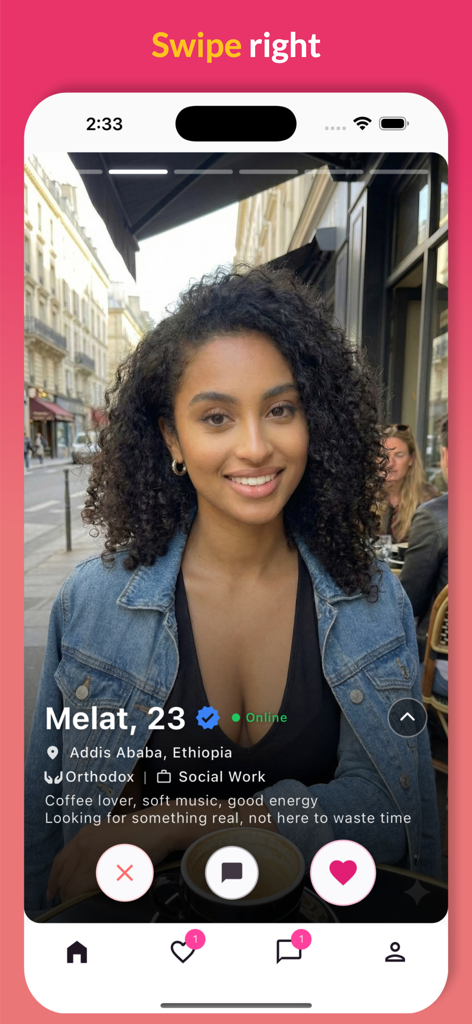 Gojo Ethiopian Dating App - A profile of a verified user on the Gojo Ethiopian dating app showing personal bio and cultural details