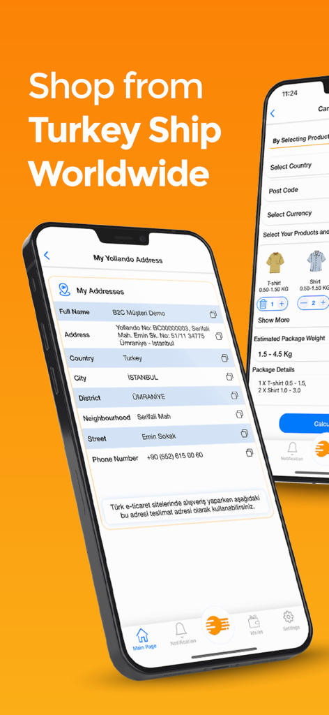 Yollando Global Shopping - Yollando app screens showing a personal Turkish shipping address and an estimated package weight calculator.