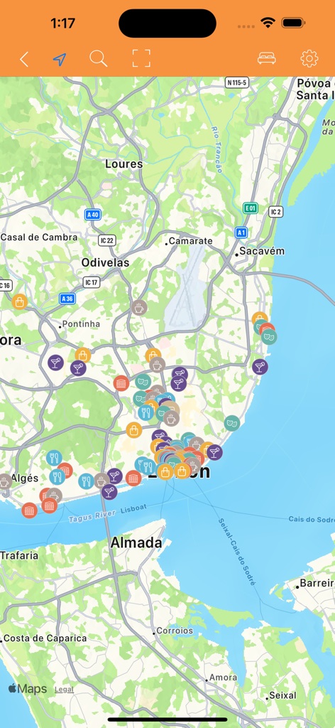 NetViagens - NetViagens app display showing a map of Lisbon with colorful icons for restaurants shopping and sightseeing