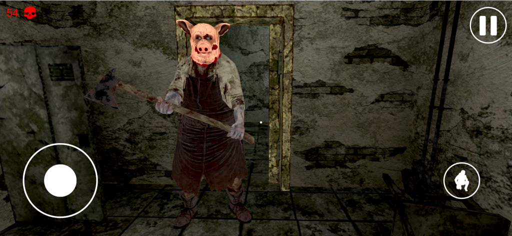 Scary Hospital Horror - A terrifying enemy character wearing a pig mask and holding an axe in a dark hospital hallway