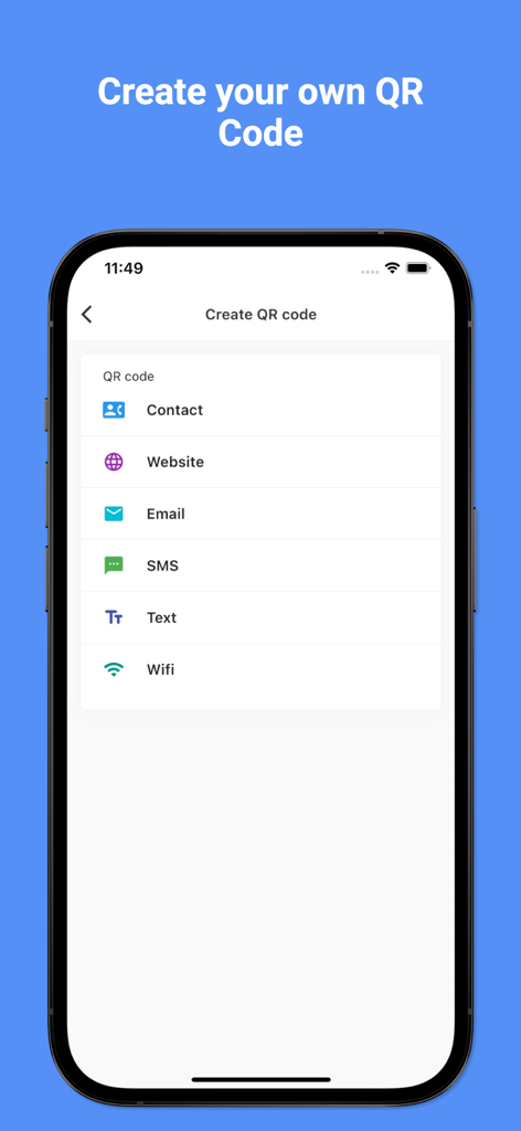 Serbian Translator Pro + - Capture d'écran de l'application Serbian Translator Pro+ montrant les options pour créer des codes QR pour les contacts, les sites Web, les e-mails, les SMS, le texte et le Wifi.