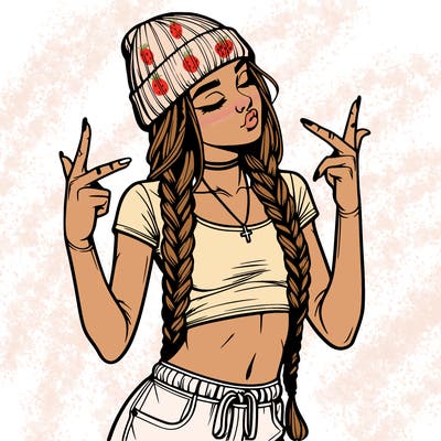 realistic teenage girl with braids and a beanie and crop top doing 🫶🏼