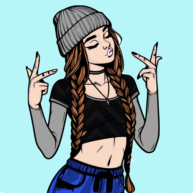 realistic teenage girl with braids and a beanie and crop top doing 🫶🏼