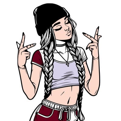 realistic teenage girl with braids and a beanie and crop top doing 🫶🏼