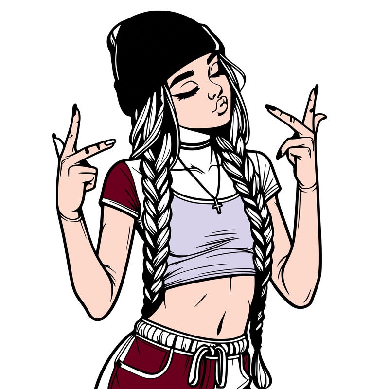 realistic teenage girl with braids and a beanie and crop top doing 🫶🏼