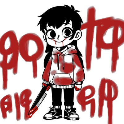 a boy with pale skin and he’s smiling his eyes are blue and he has short black hair and he’s wearing a white hoodie and black pants and sneakers and he’s holding a knife