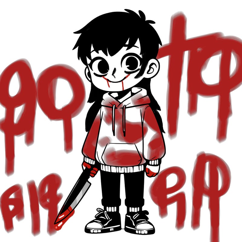 a boy with pale skin and he’s smiling his eyes are blue and he has short black hair and he’s wearing a white hoodie and black pants and sneakers and he’s holding a knife