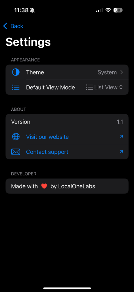 Menu delle impostazioni dell'app GymPic che mostra la selezione del tema e le opzioni di modalità di visualizzazione