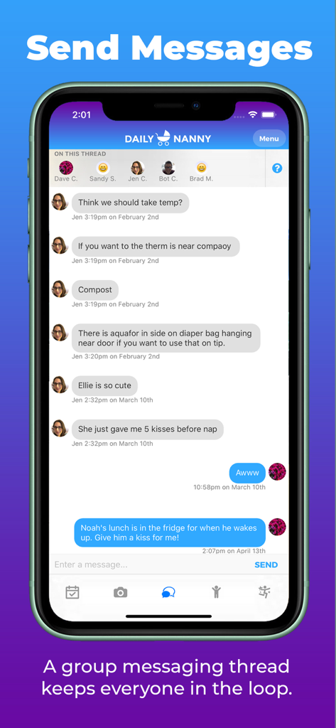 Daily Nanny - Daily Nanny app group messaging interface showing a conversation between parents and caregivers
