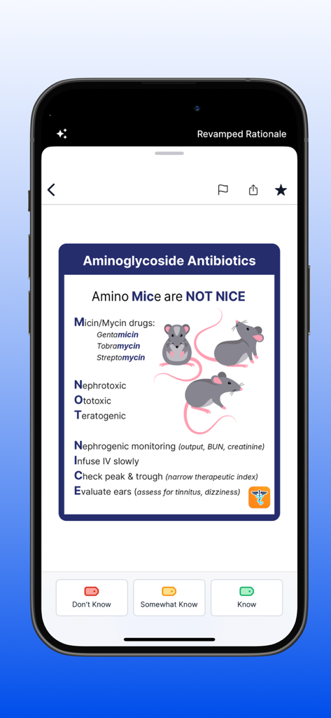 NCLEX RN Mastery Exam - 2026 - A nursing pharmacology study card in the NCLEX RN Mastery app featuring a mnemonic for aminoglycoside antibiotics.