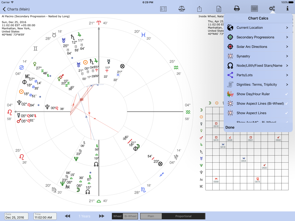 AstroConnexions - Menu dei calcoli del grafico astrologico professionale e visualizzazione della ruota su iPad