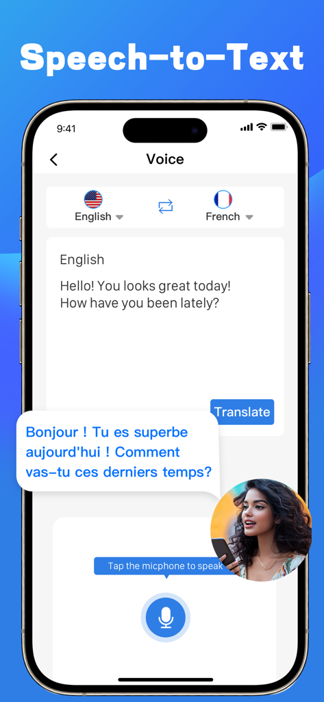 A smartphone screen showing the Speech-to-Text feature of Easy Translate app translating English to French