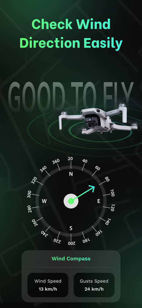 Interface of the Drone Forecast app showing a wind compass and speed indicators for safe drone flight.