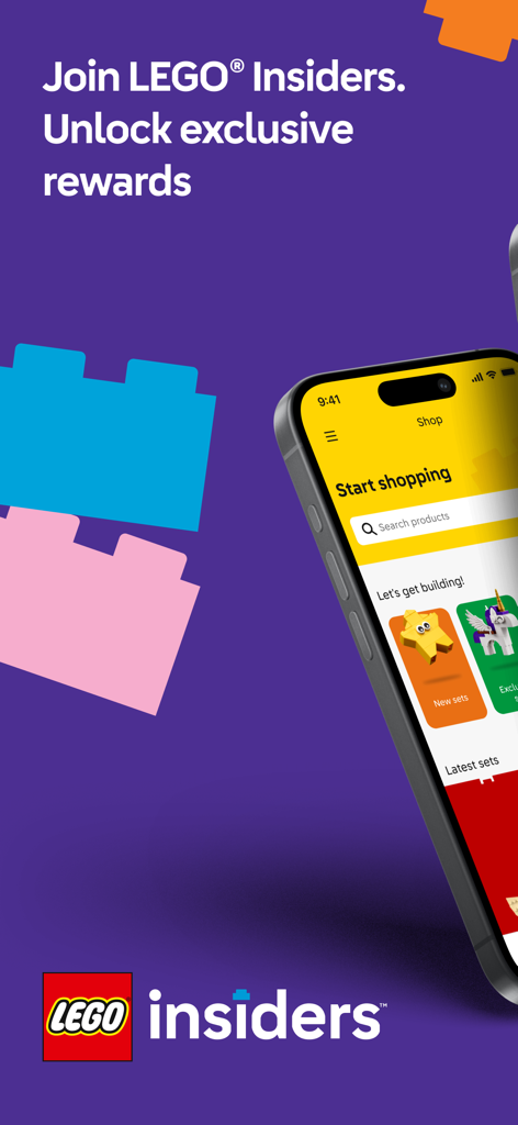 Écran de smartphone montrant l'interface de l'application LEGO Insiders avec les fonctionnalités de shopping et de récompenses