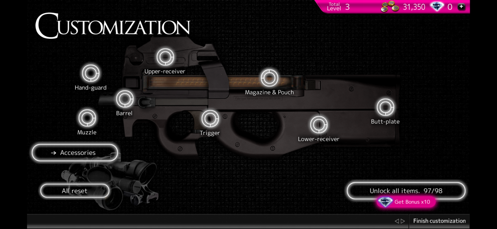 A gun customization screen in the Magnum 3.0 app showing adjustable parts on a P90 submachine gun like the barrel trigger and magazine.
