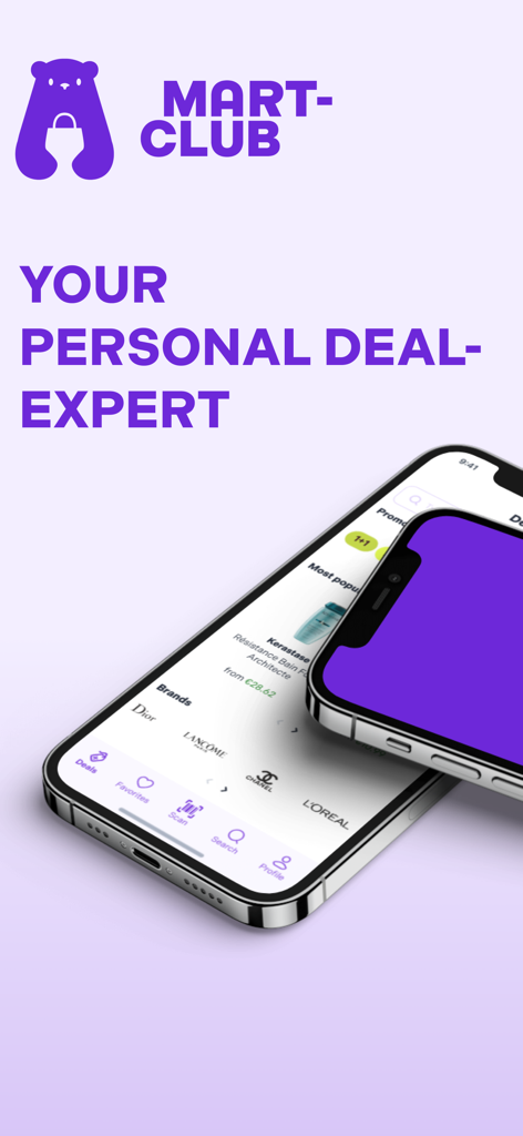 Mart-Club - Mart-Club mobile app interface on a smartphone showing beauty brand deals and price comparison features