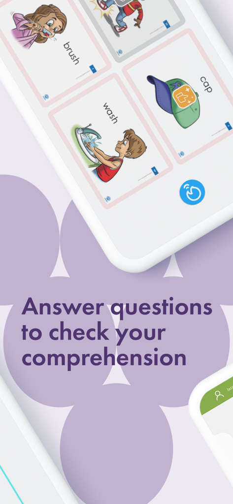 GrapeSEED Student - GrapeSEED Student app interface showing English vocabulary cards and comprehension check prompt