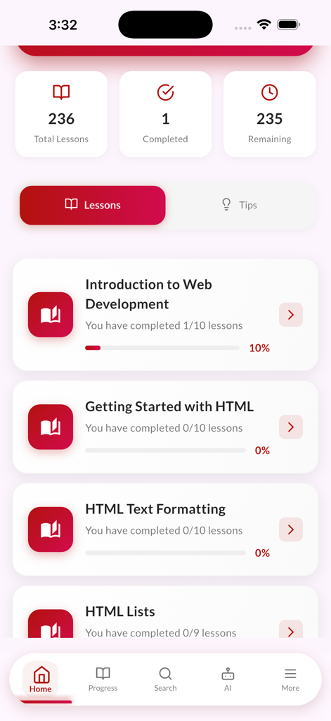 Schermata principale dell'app Learn HTML e CSS Web Coding che mostra un elenco di lezioni e i progressi degli studenti.