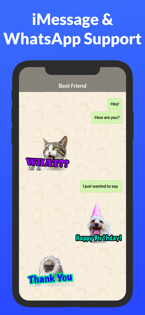 Sticker Maker: Make & Create - Chat screen displaying custom cat and dog stickers with text overlays