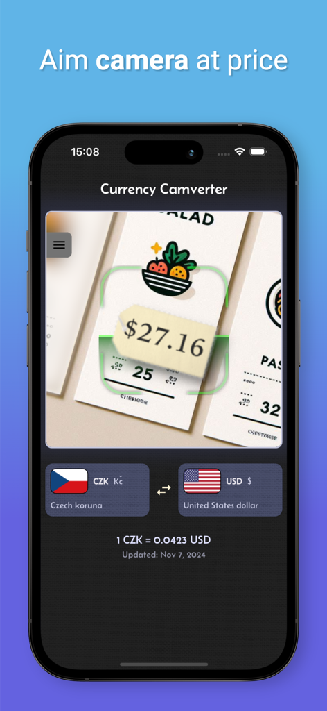 Camera Currency Converter - Camera Currency Converter app interface showing real time conversion of a price tag from Czech Koruna to US Dollar