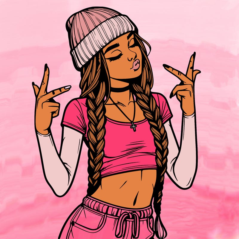 realistic teenage girl with braids and a beanie and crop top doing 🫶🏼