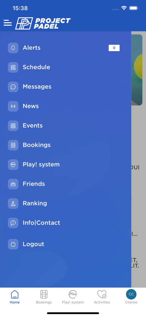 Menu de navigation latéral de l'application Project Padel Jo proposant des options pour les horaires, les réservations et les classements