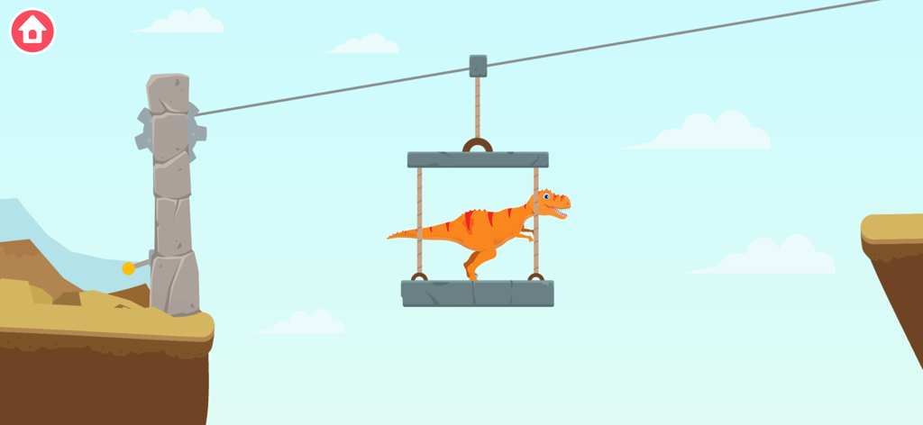 Un dinosaure orange amical voyageant dans une télécabine en pierre entre des falaises dans un jeu pour enfants.