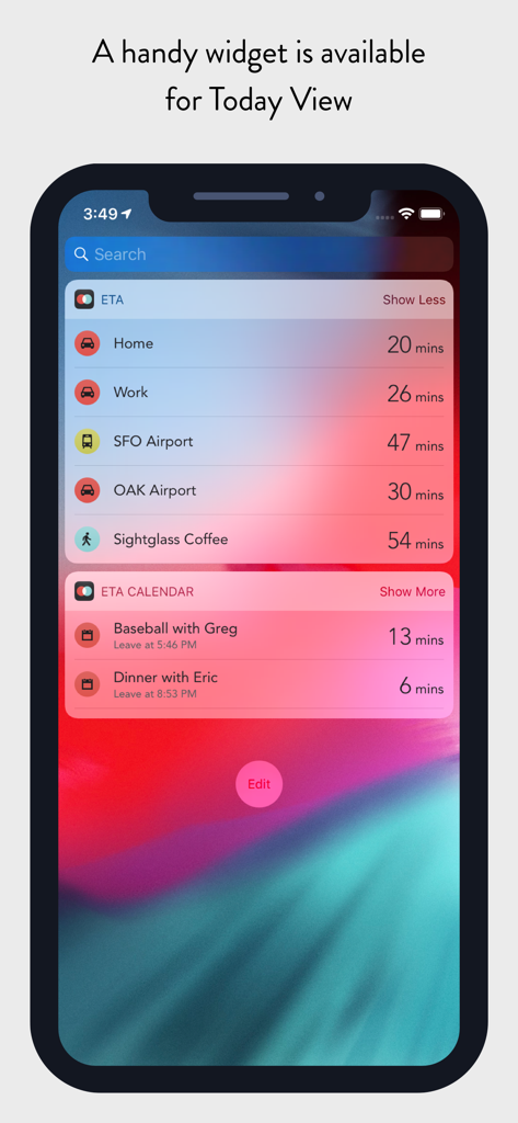 iPhone screen showing ETA app widgets in Today View with travel times for frequent locations and calendar appointments