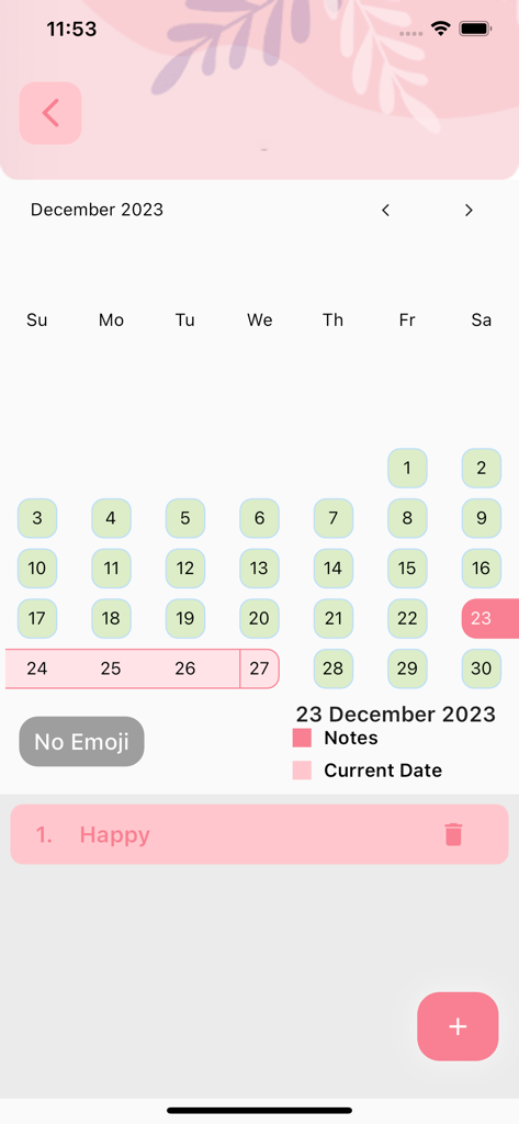 MenstruMate - Period Calender - MenstruMate app interface showing a December period calendar and a recorded happy mood