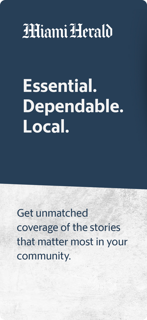Pantalla promocional de la aplicación Miami Herald con el logo y el texto Esencial Confiable Local