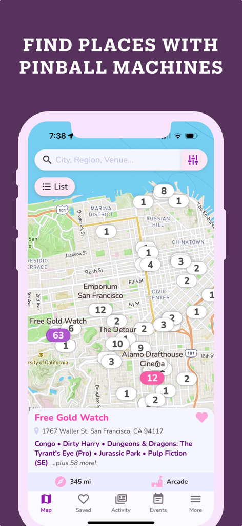 Map view of the Pinball Map app showing pinball machine locations and counts in San Francisco.