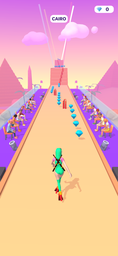 High Heels! - A gameplay screenshot of High Heels showing a character walking down a runway in a Cairo themed level with pyramids in the background