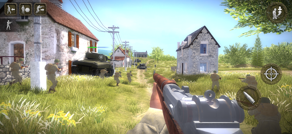 Battlefront Europe: WW2 Heroes - Vista en primera persona de soldados y un tanque en una batalla en un pueblo de la Segunda Guerra Mundial en Europa