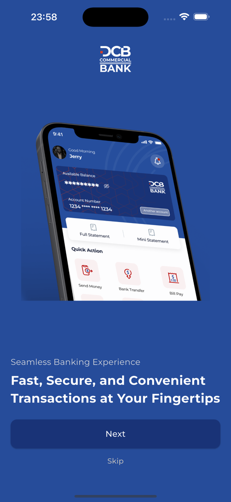 DCB Pesa Plus - Pantalla de incorporación de la aplicación de banca móvil DCB Pesa Plus que muestra el panel y los botones de acción rápida para transferencia de dinero y pago de facturas.