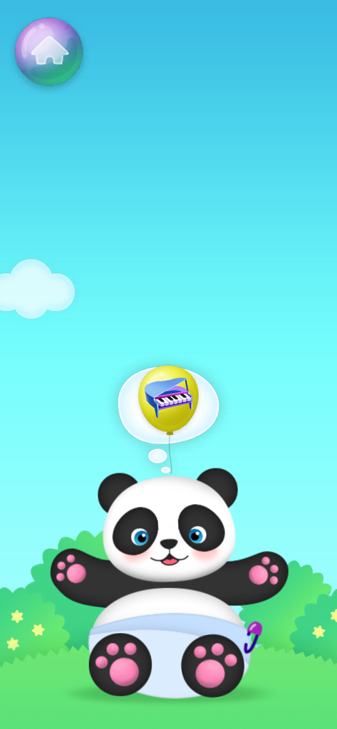 Balloons pop - Toys - Un lindo personaje de panda de dibujos animados pensando en un globo amarillo con un icono de piano