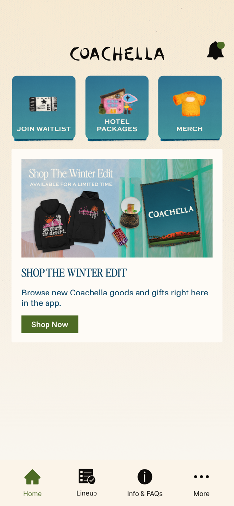 Interface de l'application Coachella Officiel avec des options pour les billets, les forfaits d'hôtel et la boutique de marchandises