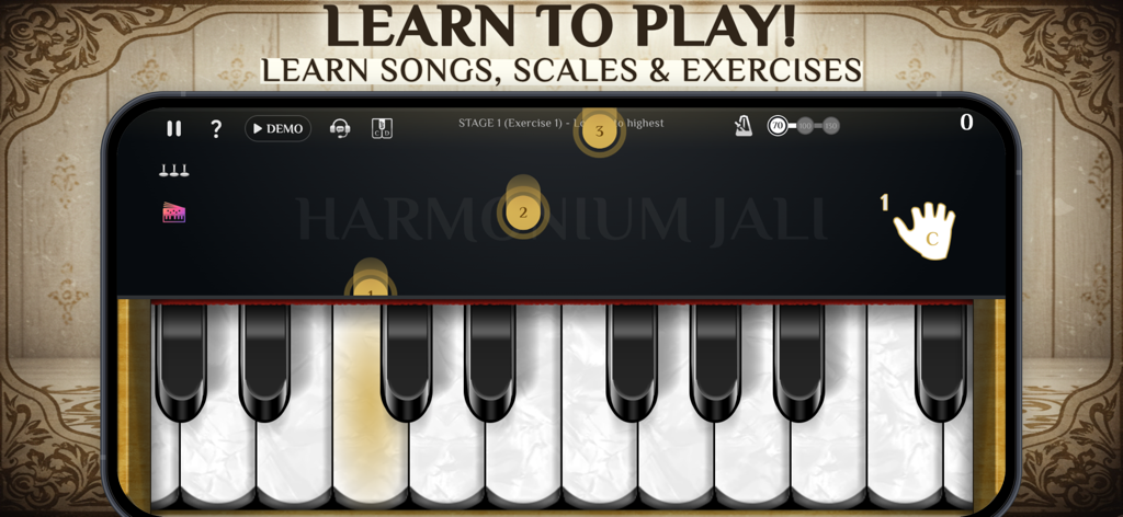 Harmonium Jali - Interfaz de la aplicación Harmonium Jali mostrando un ejercicio de aprendizaje guiado con indicaciones de colocación de dedos en un armonio virtual